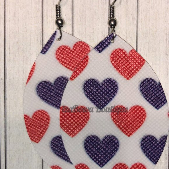 Hand Crafted Jewelry - Red & Blue Hearts on White Teardrop Faux Leather Earring  HAND CRAFTED